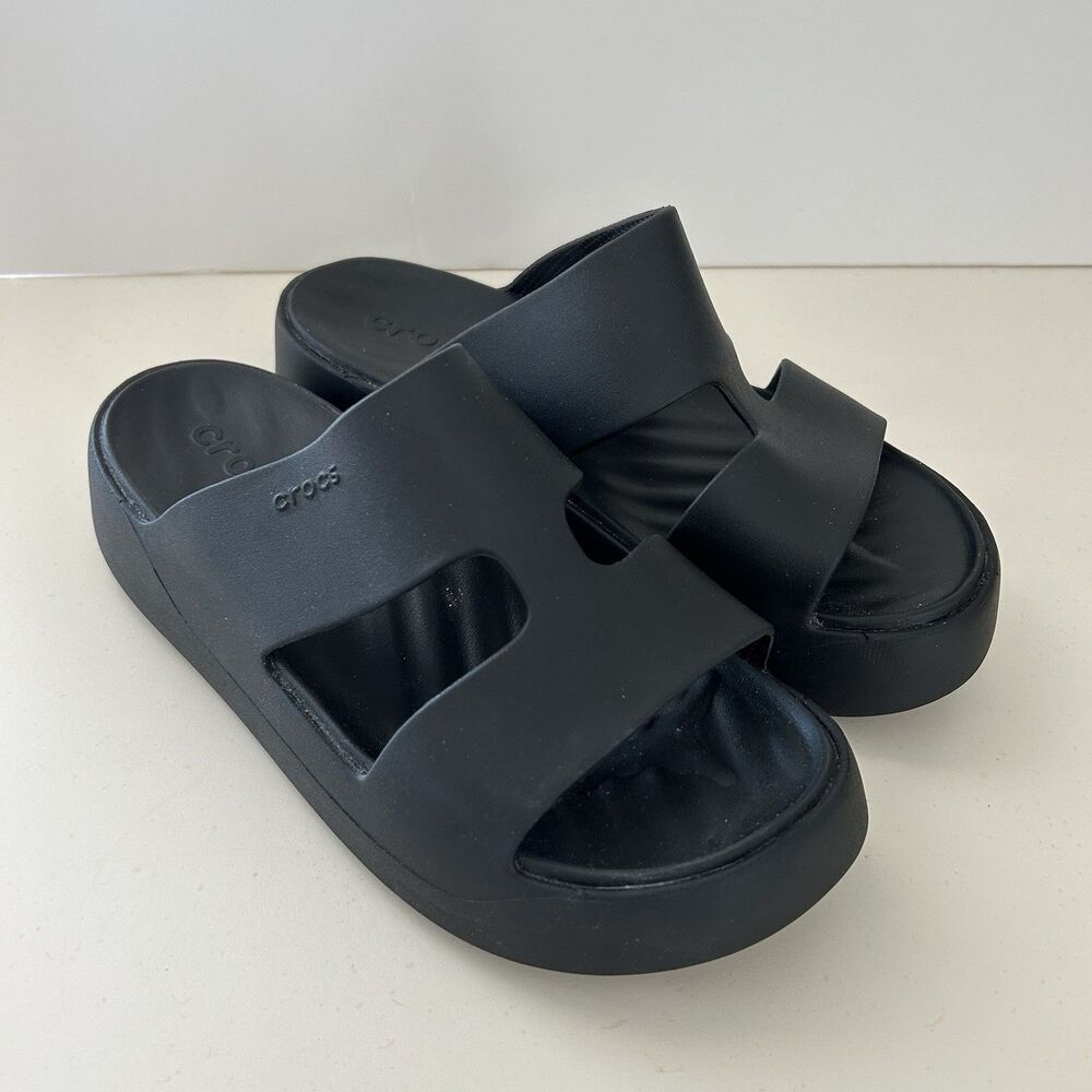 Crocs Getaway Platform H Strap Sandals Womens Sz 8 Black Wedge Comfort Shoes